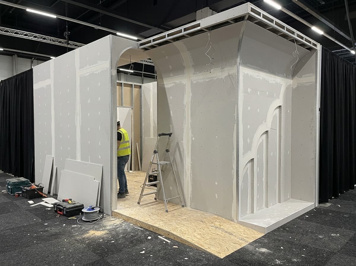 The stand under construction, drywall framing in place