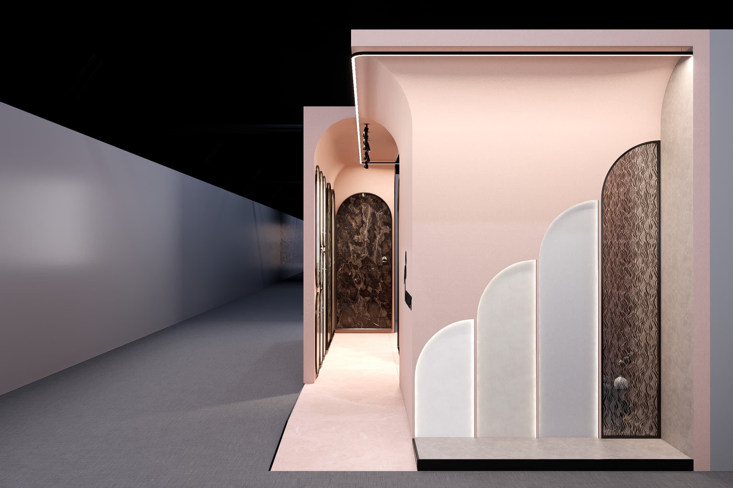 Closer view of the arched material panels, with a marble-clad archway visible through the opening