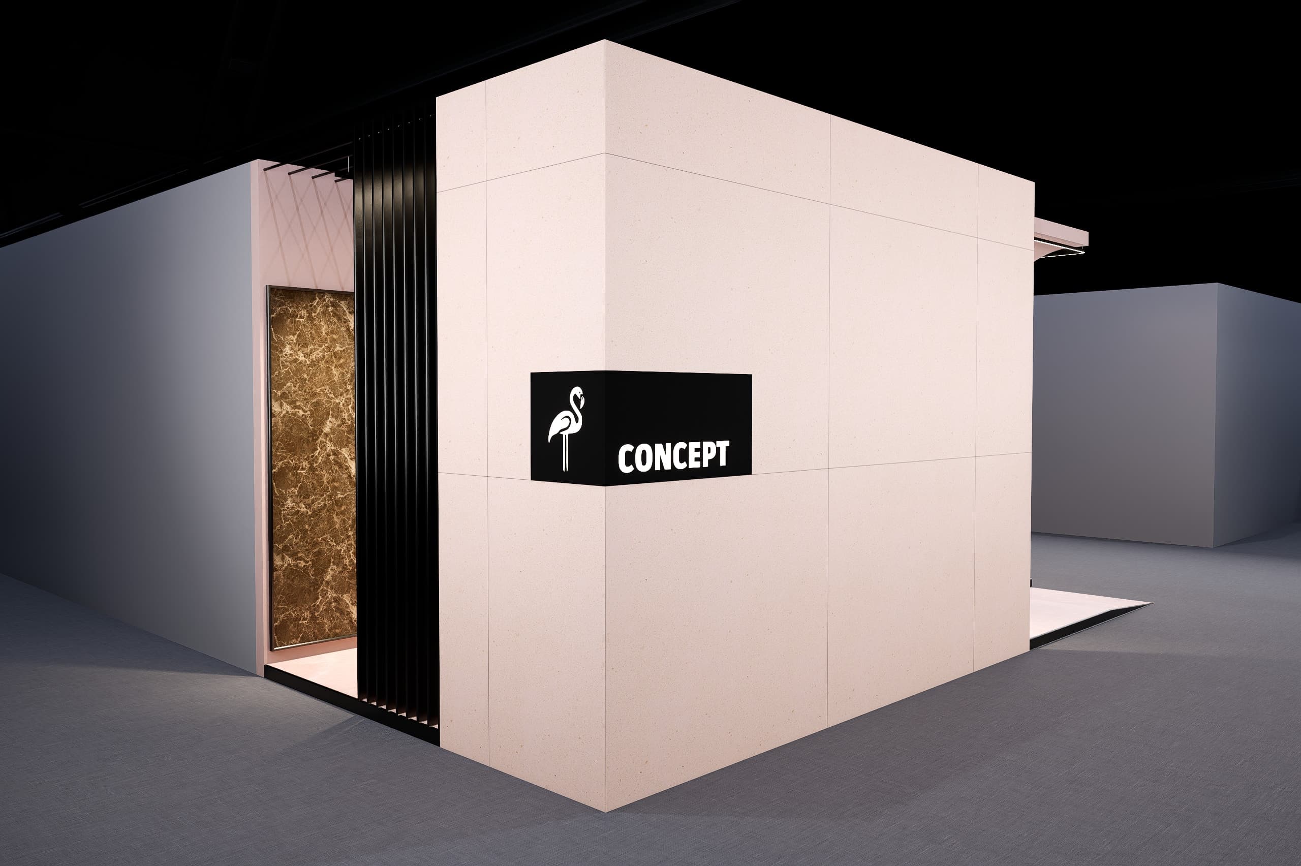 Corner view of the stand's exterior, with a dark marble panel set into the textured wall and the flamingo mark on the corner