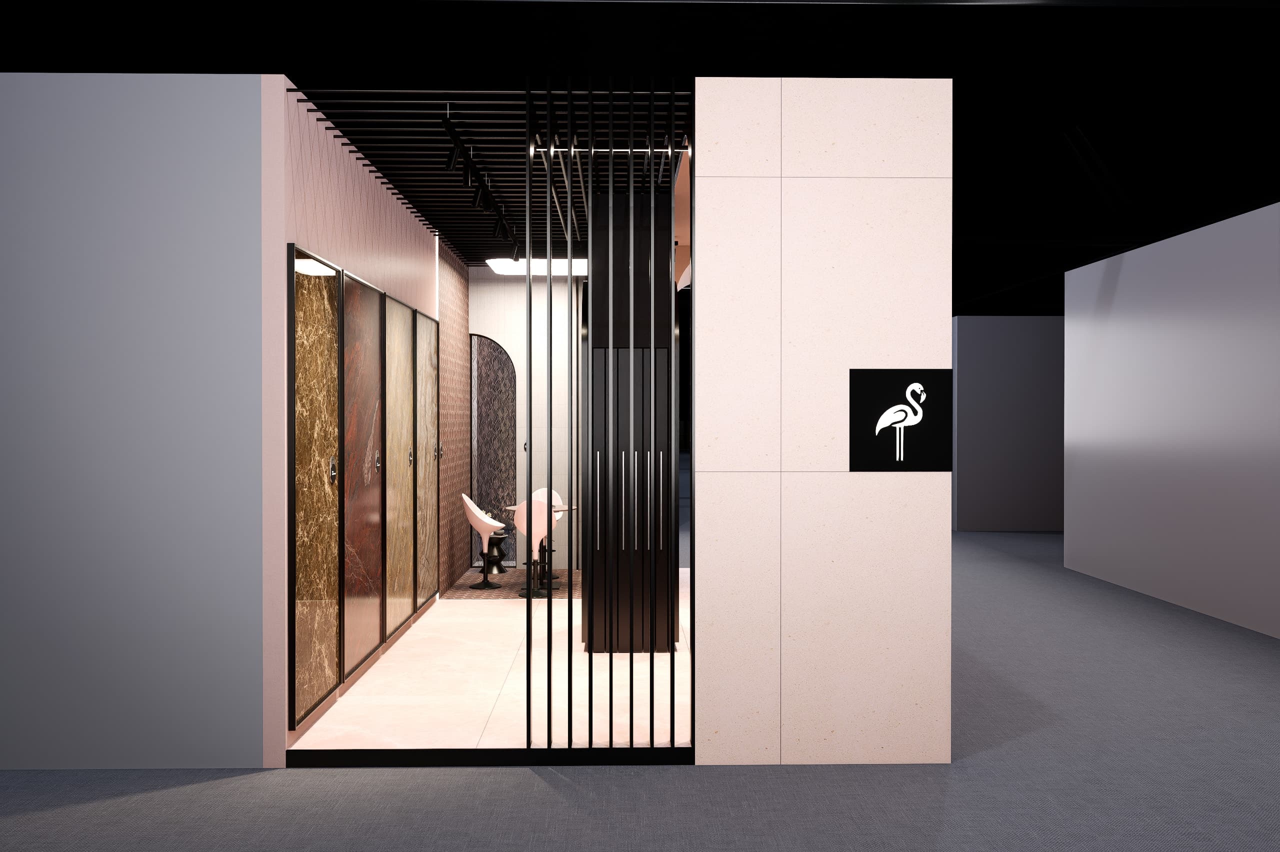 View through the black slatted screen into the seating nook, with stone sample panels on the wall beyond