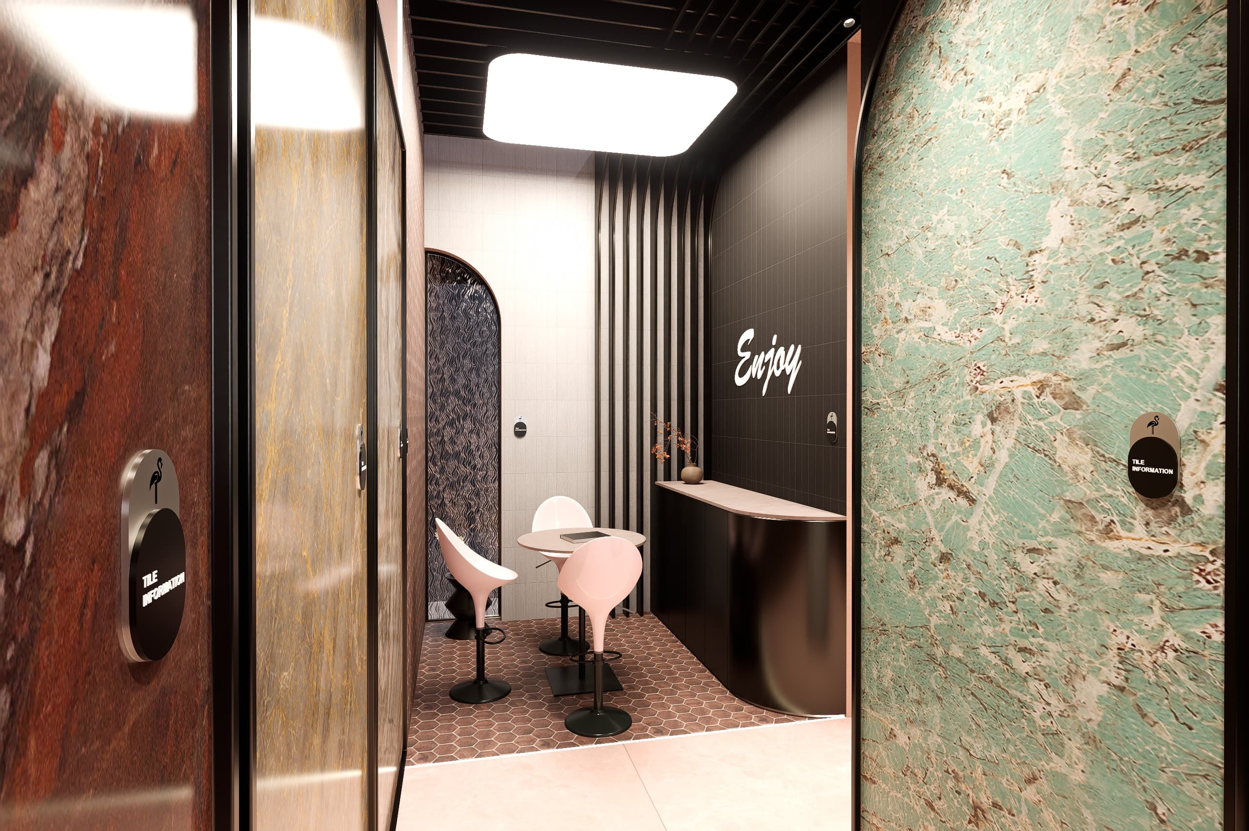 The Enjoy seating nook, with its neon sign, bar counter and stone sample panels at the entrance