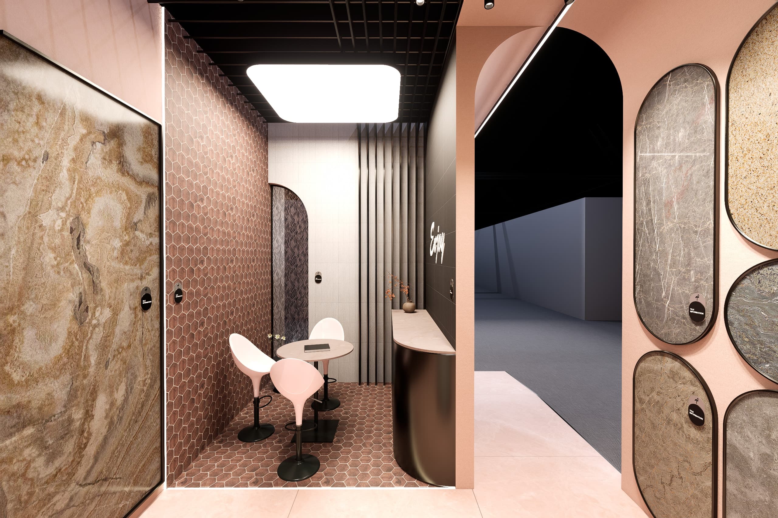 Wider view of the Enjoy nook's entrance, framed by round and oval stone samples