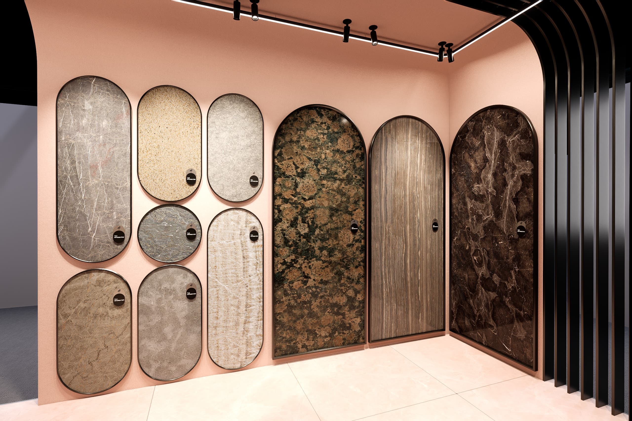 Detail wall of stone samples, six in oval frames and three in full-height arched frames