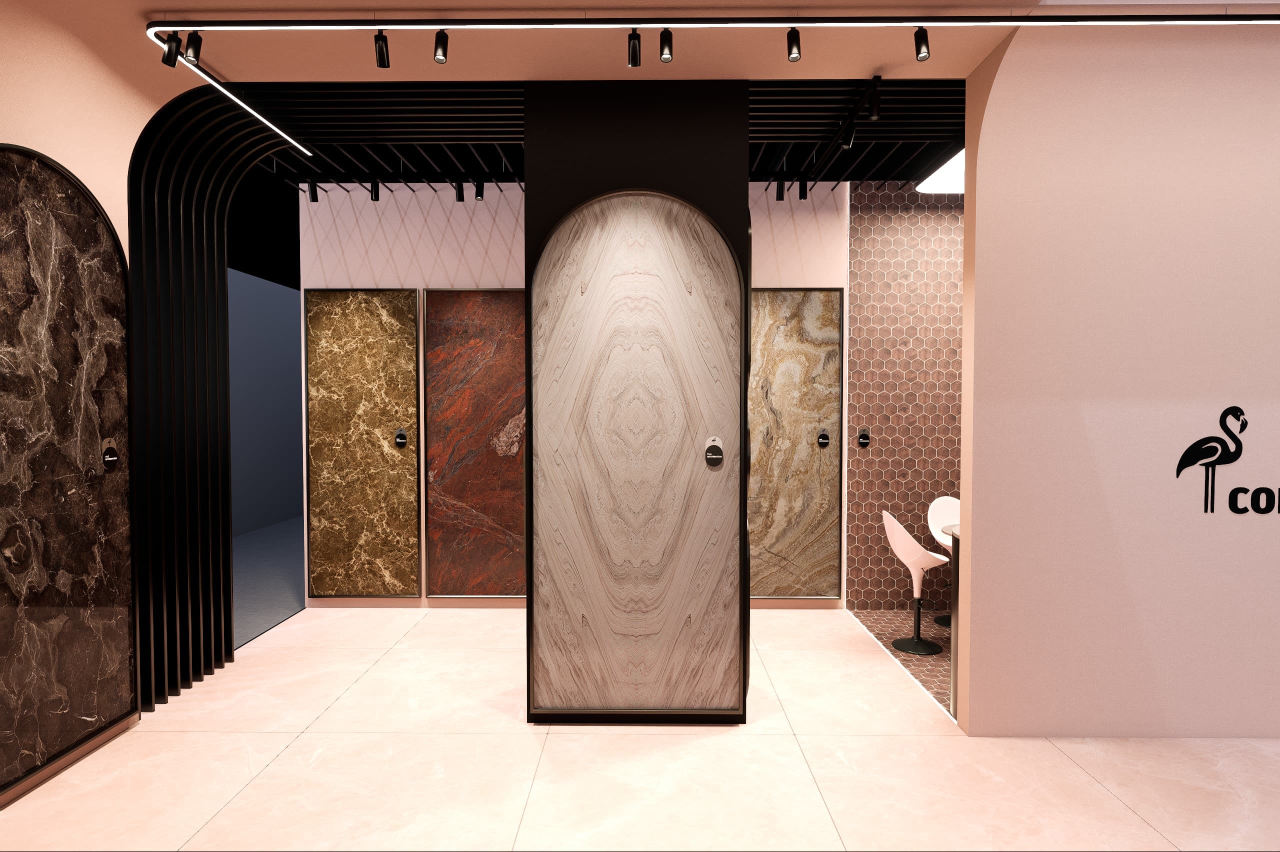 Centred view of an arched travertine panel flanked by rectangular stone samples, with the Enjoy nook beyond
