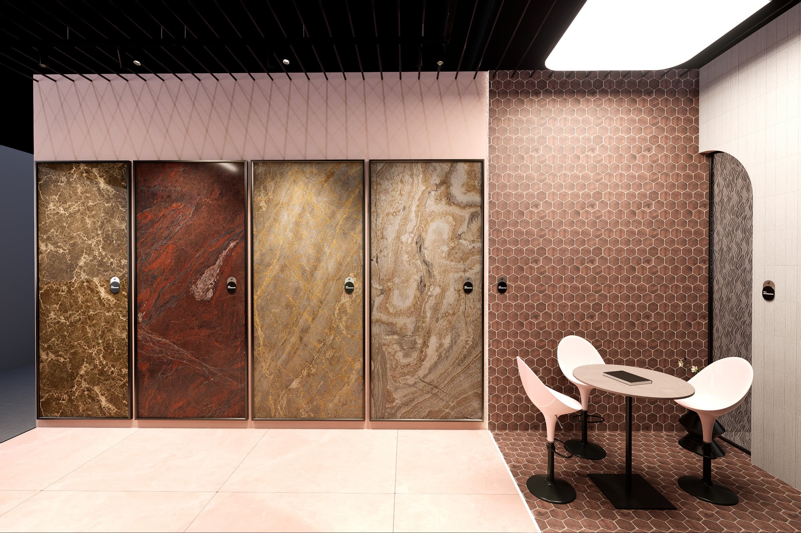 Four full-height stone and marble sample panels side by side, with the Enjoy nook visible through the archway