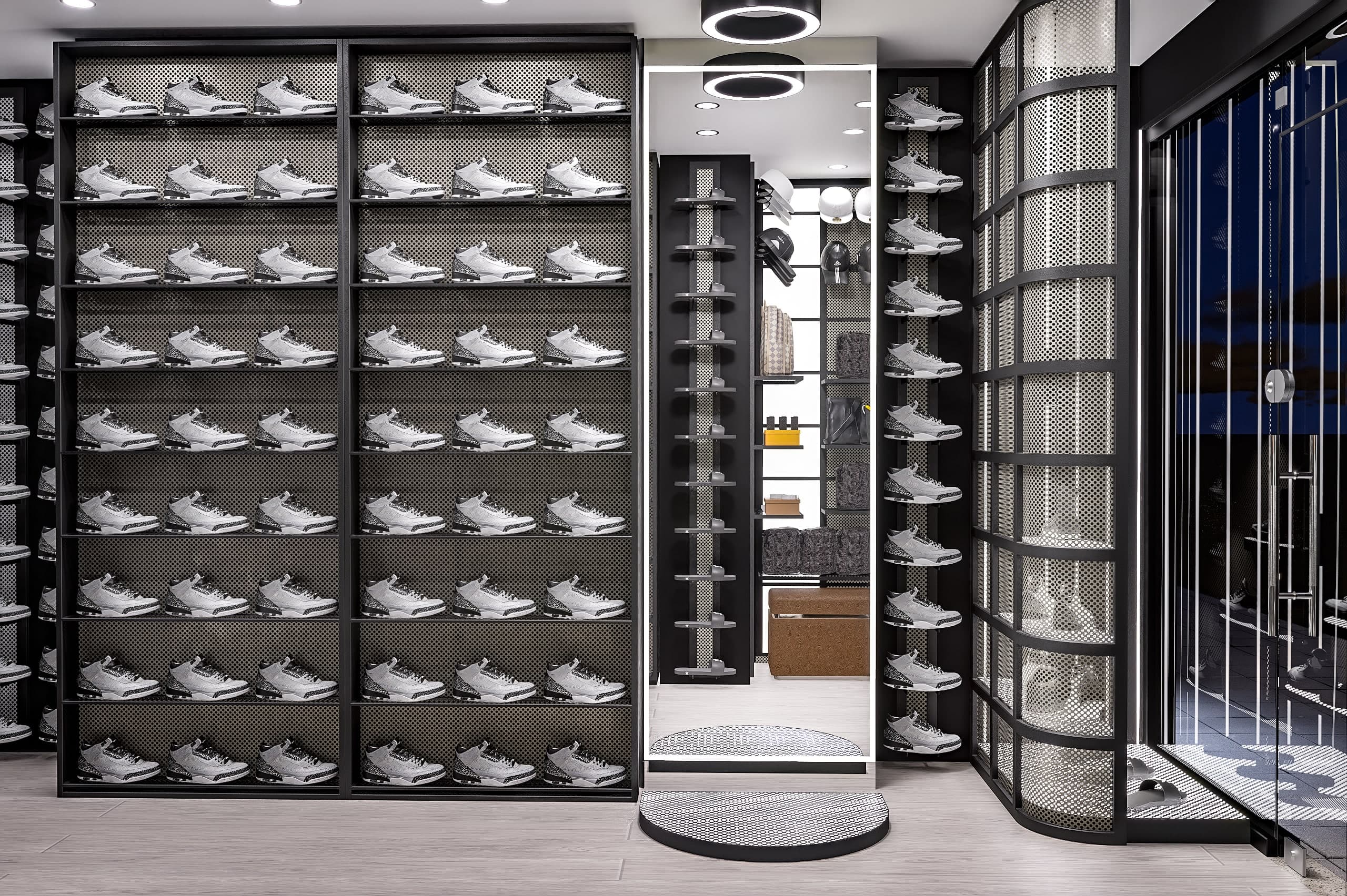 Render i murit të këpucëve në lartësi të plotë, me një kolonë pasqyre dhe raftet e aksesorëve në sfond