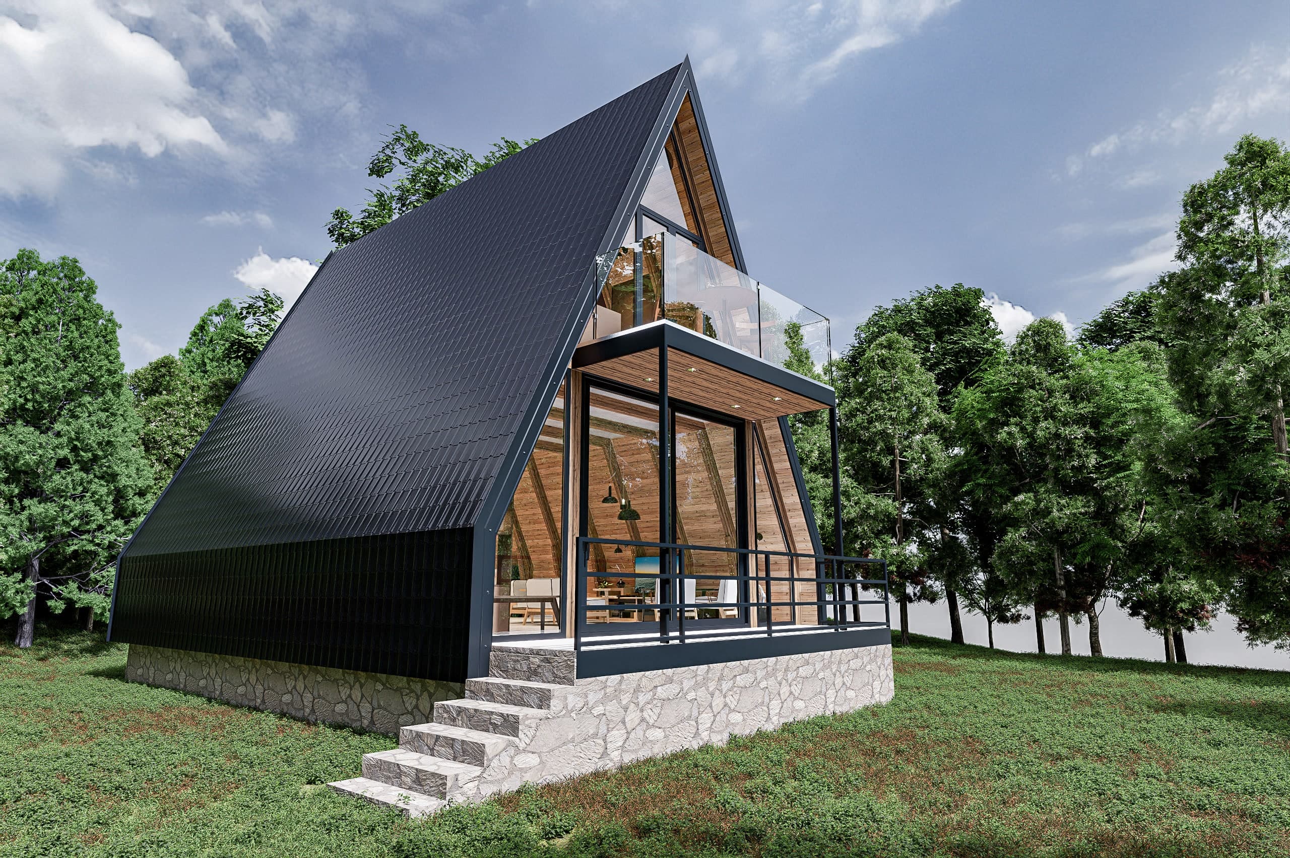 Design render of the A-frame cabin exterior, with its stone base and glazed gable end