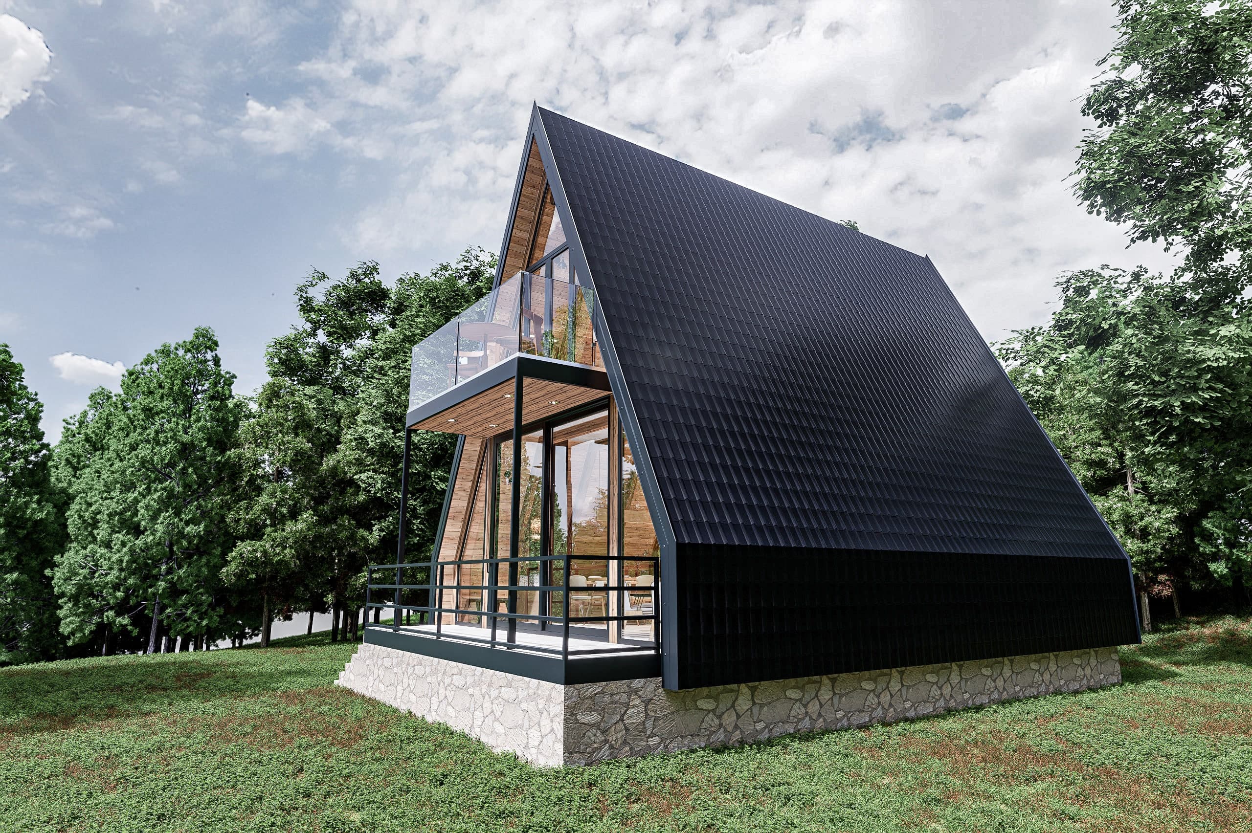 Render i kabinës nga ana, që tregon lartësinë e plotë të çatisë në formë 'A'
