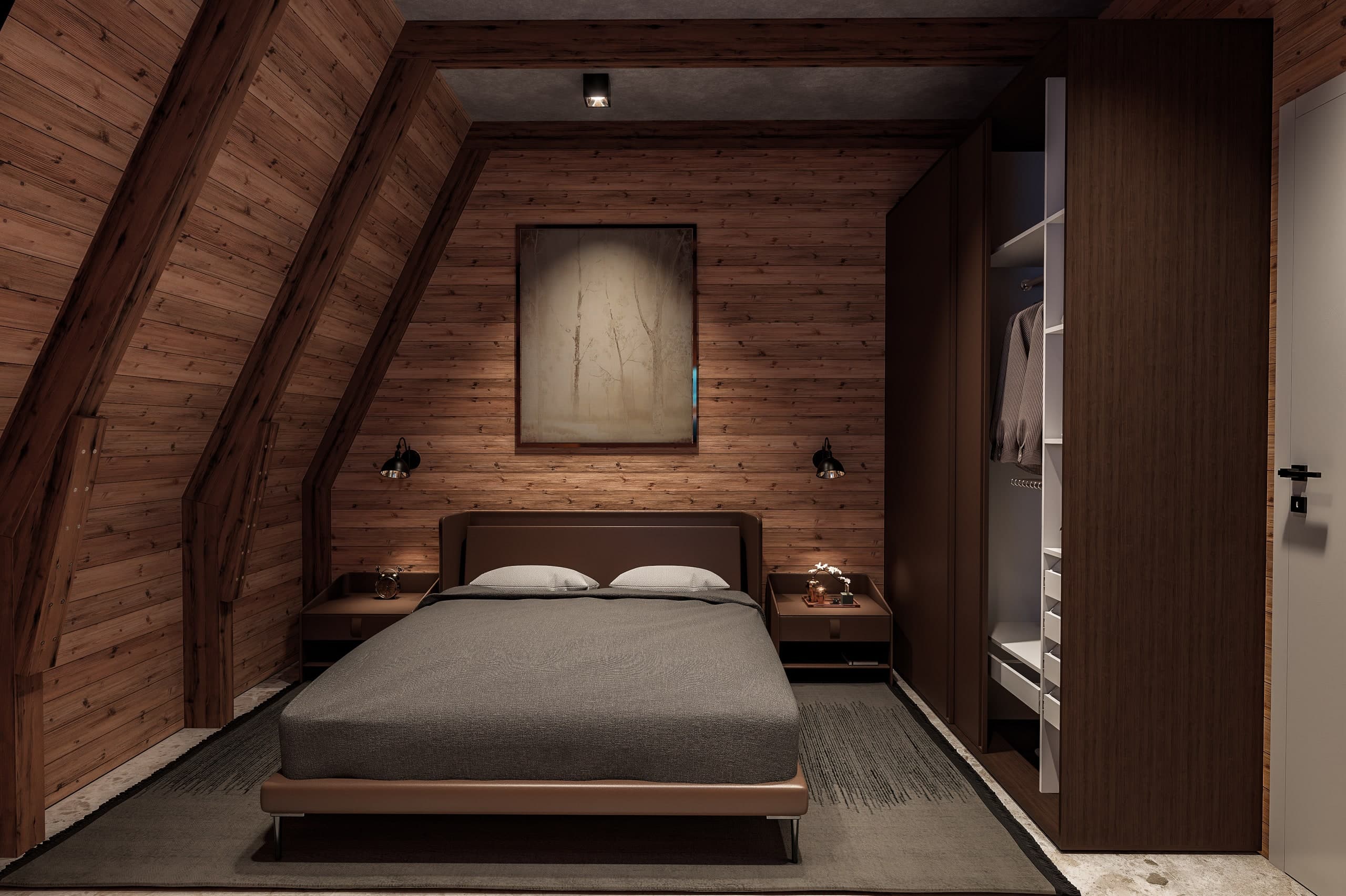 Render i dhomës së gjumit, me një garderobë të integruar në murin e pjerrët